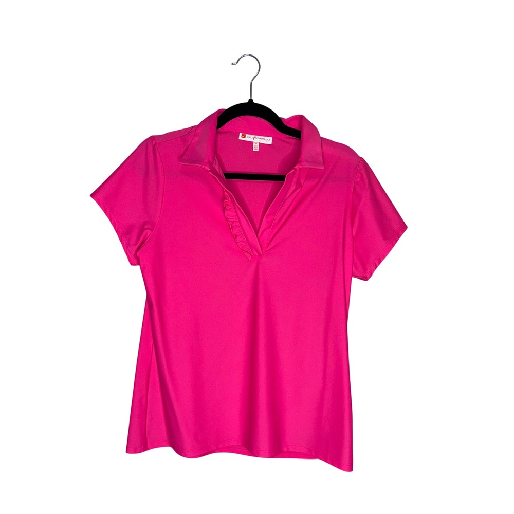 Jude Connally Polo Top Women Medium Pink Excellent Ruffle V-Neck Sporty 301421